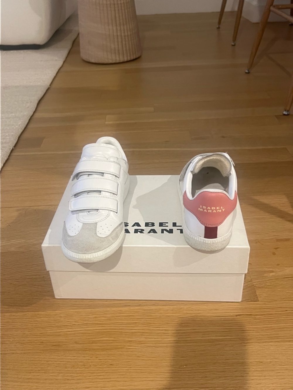 Isabel Marant White Leather Sneakers with Pink Heel Detail